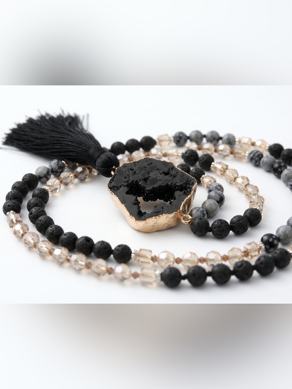 BLACK BEIGE DRUZY BOHO BEADED LONG NECKLACE